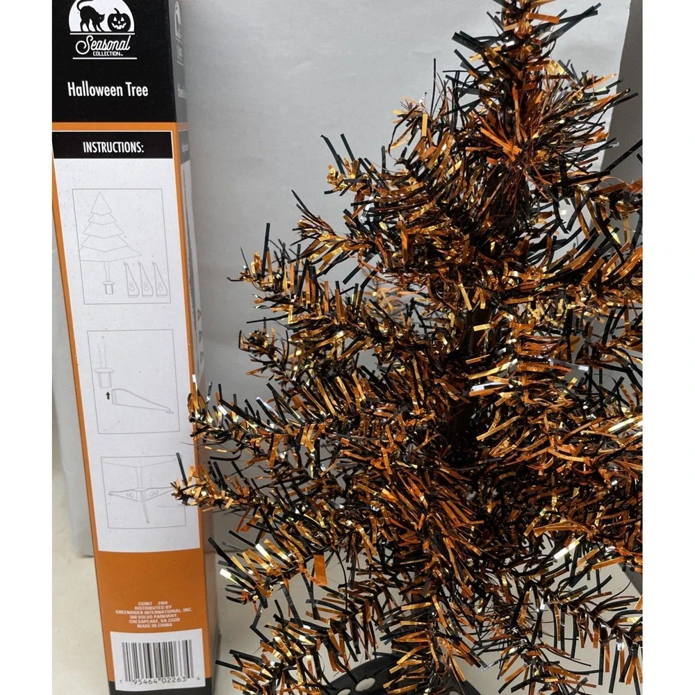 Mini Halloween Tinsel Tree Orange & Black  for Desk ,Tabletop 18